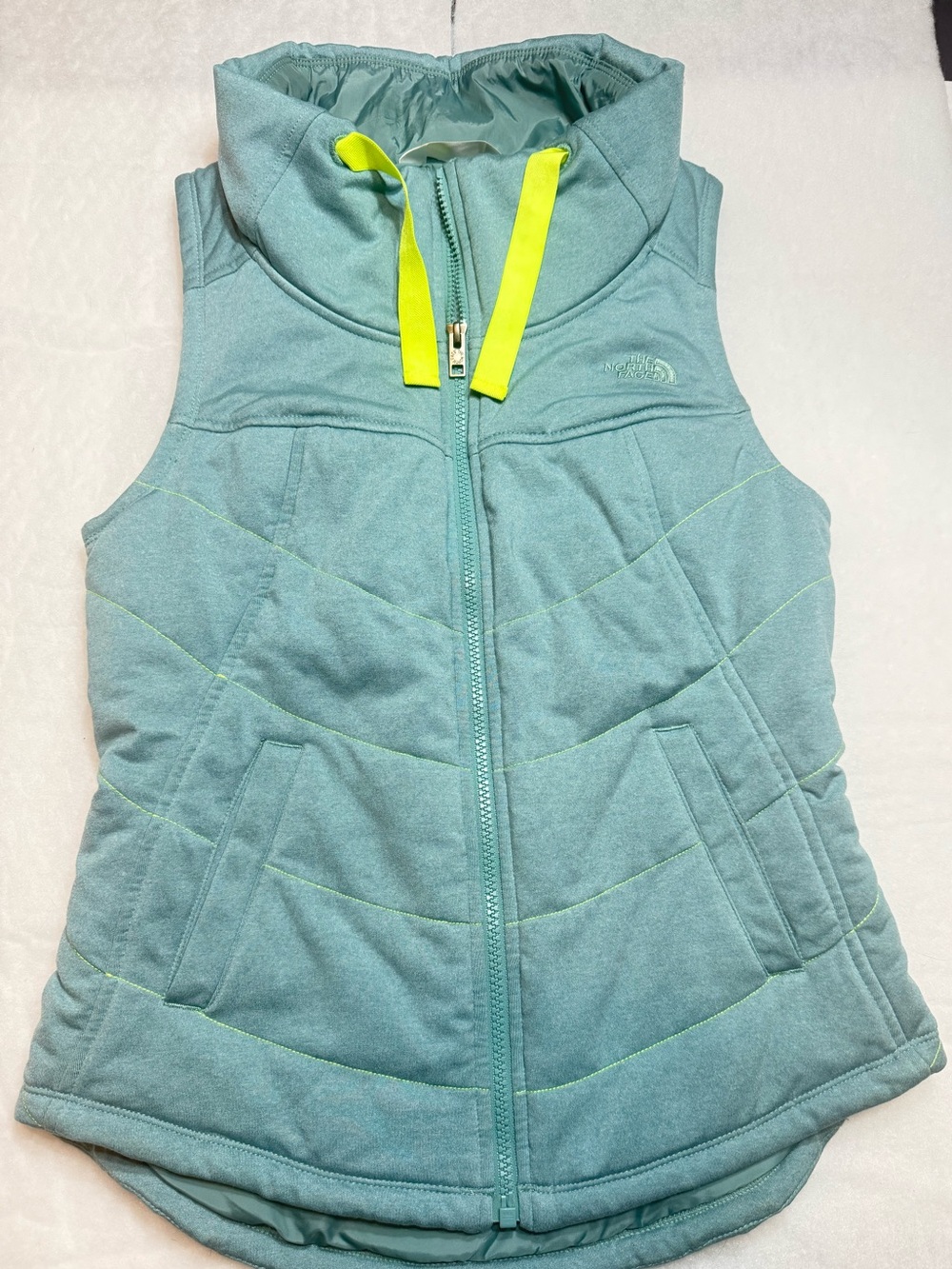 The North Face Girls' Aqua Quilted Vest with Neon Yellow Drawcord
